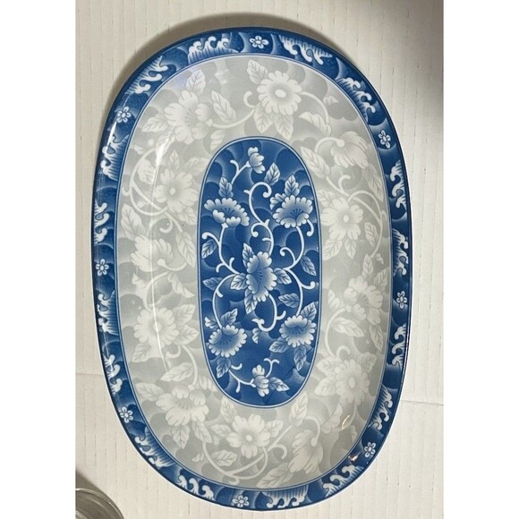 Vintage Cheng’s China 12” Blue & White Oval Porcelain Floral Platter - Picture 2 of 5